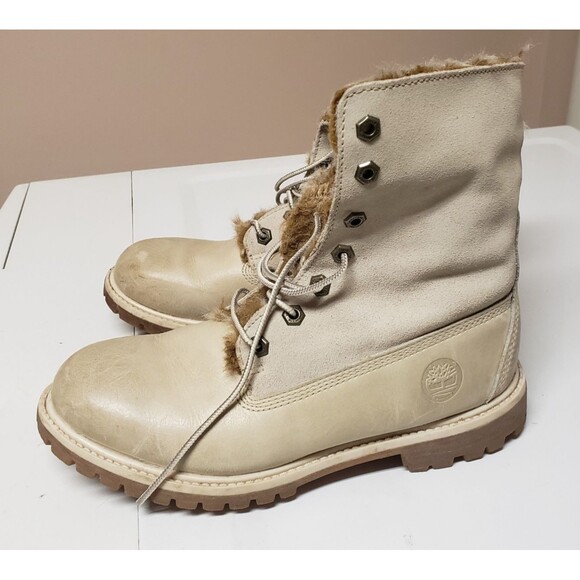 Timberland Women's Beige Ankle Boot Faux Fur Lined Suede Leather Sz 8M PO Good - Picture 3 of 14